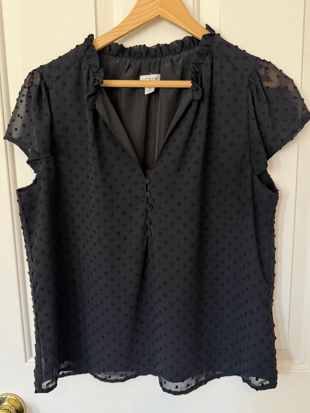 J. Crew Black Swiss Dot V-Neck Ruffle Blouse